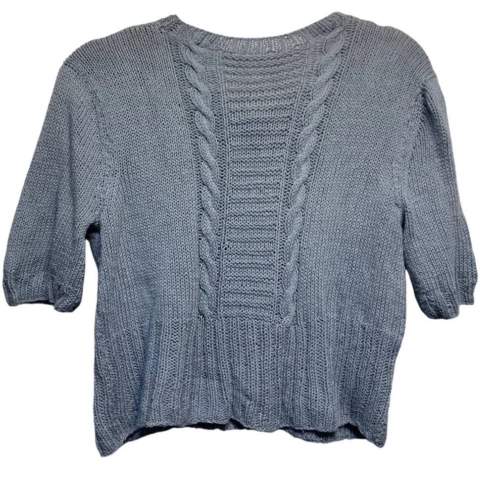 Cable Knit Short Sleeve Sweater Womens Small Blue Crew Neck Soft Girl Coquette